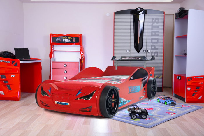 Hanah Home Cama Coche Infantil con Faros LED, Tablero Partículas Melamina, 230x120x60 cm, Apta Colchón 90x190 cm
